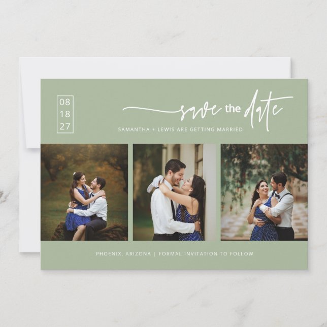 Elegant Dusty Green Save the Date QR Code Photo Invitation (Front)