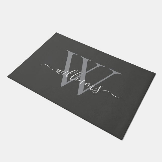 Elegant Dusty Grey Custom Monogram Script Name Doormat (Angled)