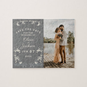 Elegant dusty grey & white floral save the date jigsaw puzzle