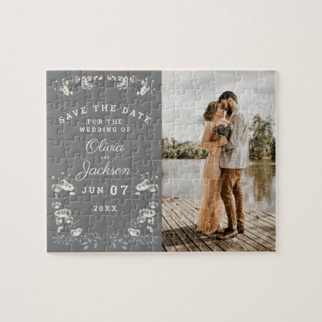Elegant dusty grey & white floral save the date jigsaw puzzle (Horizontal)