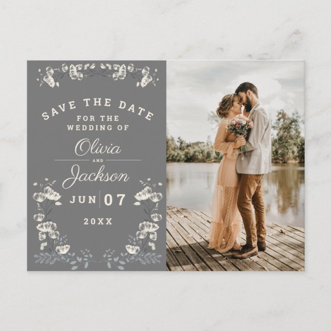 Elegant dusty grey & white floral save the date postcard (Front)
