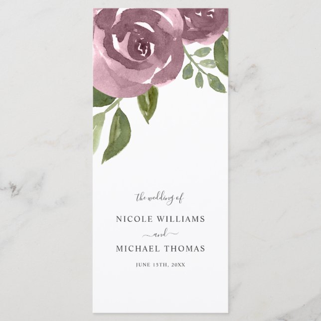 Elegant Dusty Mauve Watercolor Floral Wedding Program (Front)