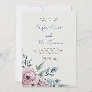 Elegant Dusty Pink and Blue Floral Green Wedding Invitation
