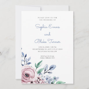 Elegant Dusty Pink and Blue Floral White Wedding Invitation