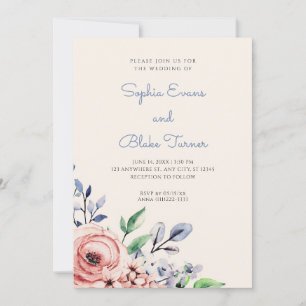 Elegant Dusty Pink and Blue Floral Yellow Wedding Invitation