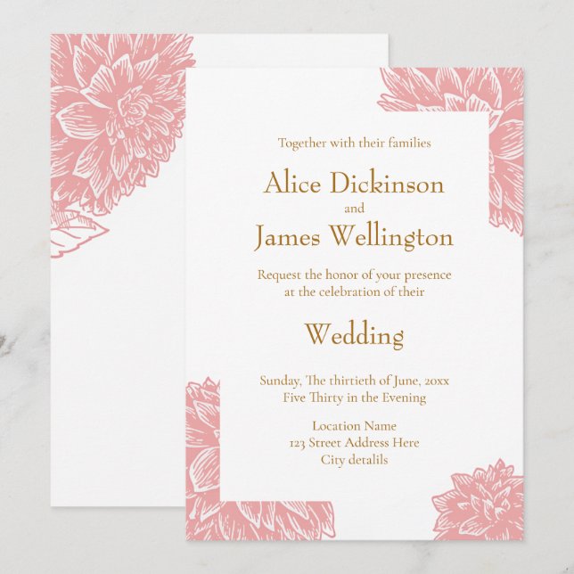 Elegant Dusty Pink and Gold Floral Wedding Invitation (Front/Back)