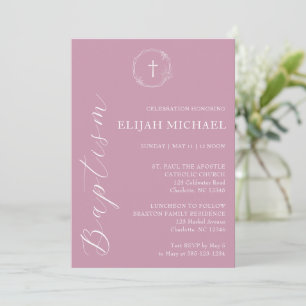 Elegant Dusty Pink Baptism Cross Wreath Invitation