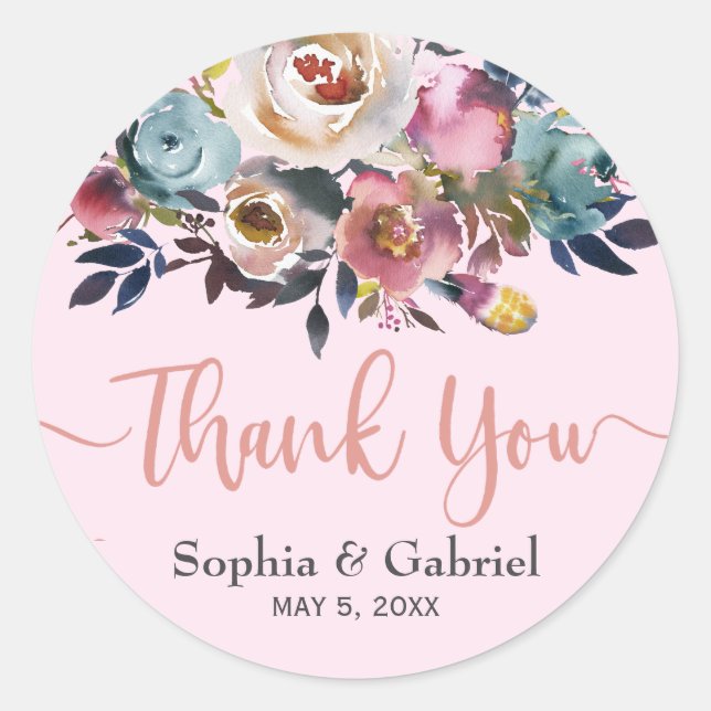 Elegant Dusty Pink Blue Floral Wedding Thank You Classic Round Sticker (Front)