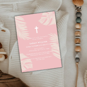 Elegant Dusty Pink Boho Leaves Cross Baptism  Invitation