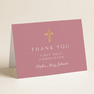 Elegant Dusty Pink Boy First Communion Thank You Card