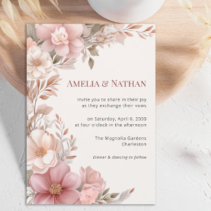 Elegant Dusty Pink Cream Magnolia Floral Wedding Invitation