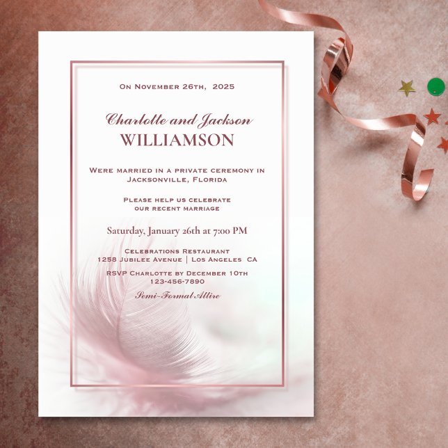 Elegant Dusty Pink Feather Wedding Reception Invitation (Creator Uploaded)