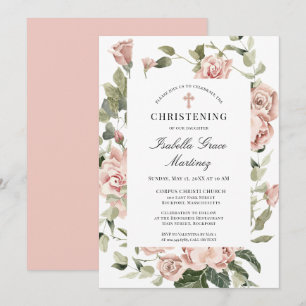 Elegant Dusty Pink Floral Cross Christening Invitation