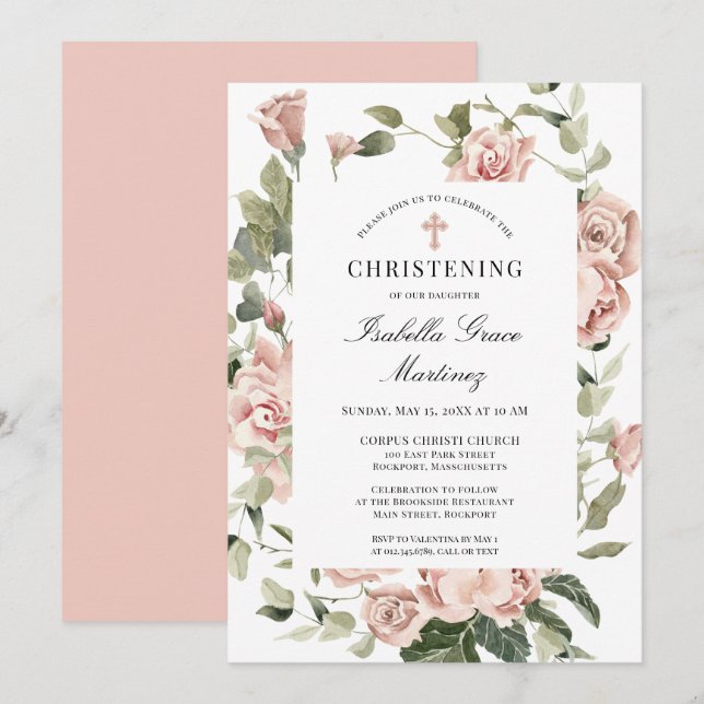 Elegant Dusty Pink Floral Cross Christening Invitation (Front/Back)