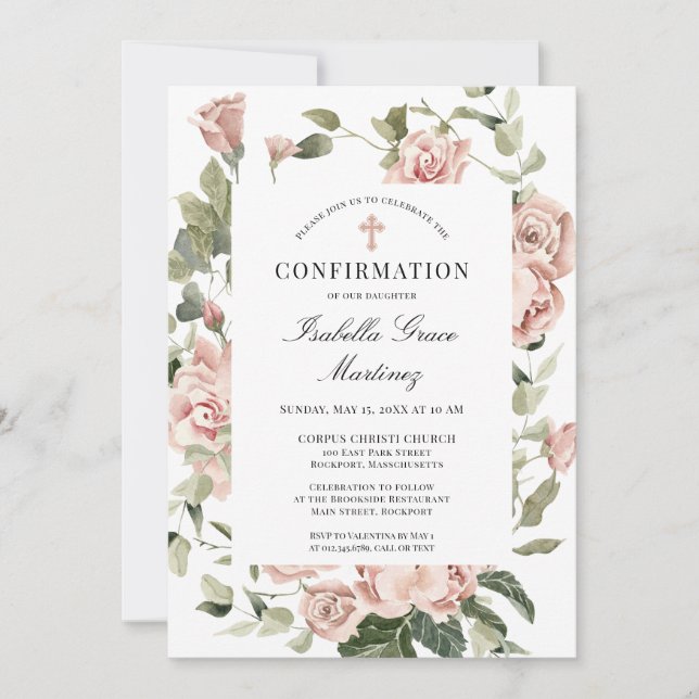 Elegant Dusty Pink Floral Cross Confirmation Invitation (Front)