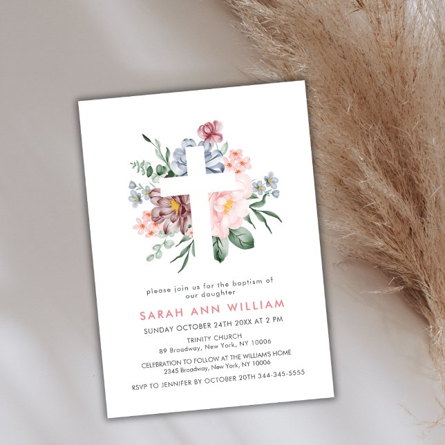 Elegant Dusty Pink Floral Eucalyptus Cross Baptism Invitation (Elegant Dusty Pink Floral Eucalyptus Cross Baptism Invitation)