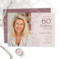 Elegant Dusty Pink Floral Photo 60th Birthday