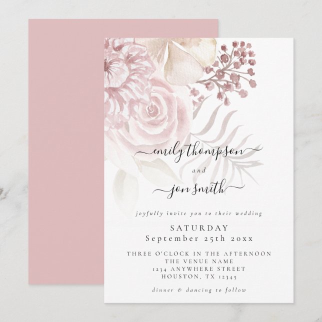 Elegant Dusty Pink Florals Script Wedding Invitation (Front/Back)