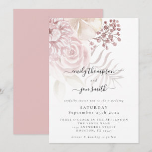 Elegant Dusty Pink Florals Script Wedding Invitation