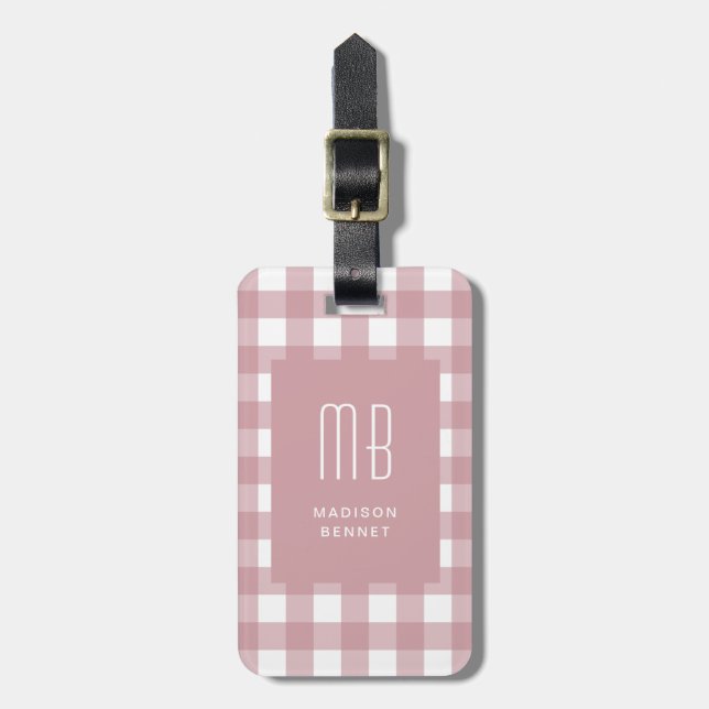Elegant Dusty Pink Gingham Monogram Luggage Tag (Front Vertical)