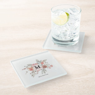 Elegant Dusty Pink Grey Flower Monogram Glass Coaster