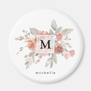 Elegant Dusty Pink Grey Flower Monogram Magnet