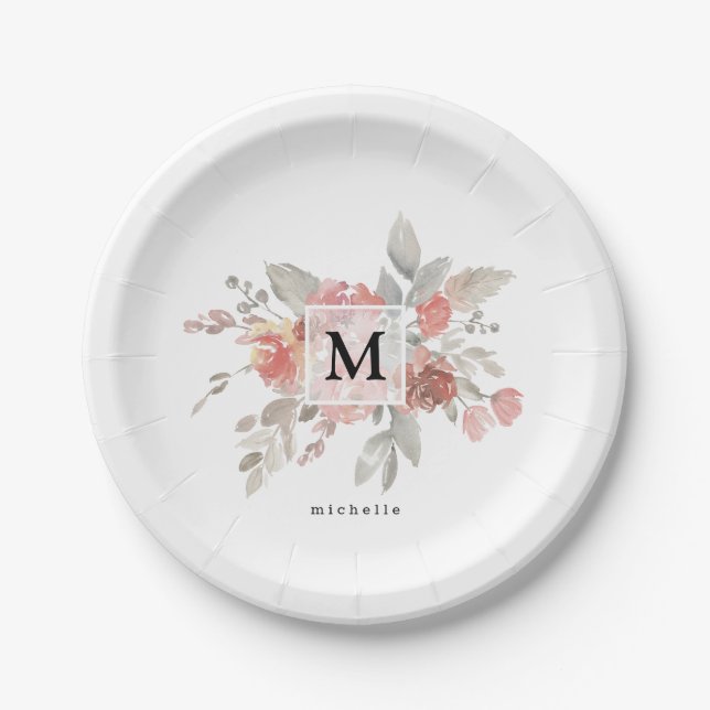 Elegant Dusty Pink Grey Flower Monogram Paper Plate (Front)