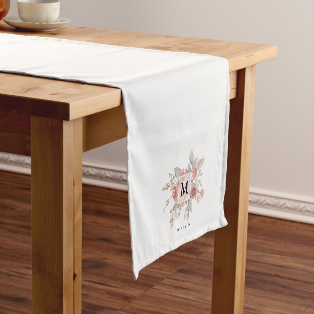 Elegant Dusty Pink Grey Flower Monogram Short Table Runner (In Situ)