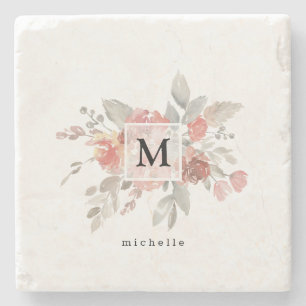 Elegant Dusty Pink Grey Flower Monogram Stone Coaster