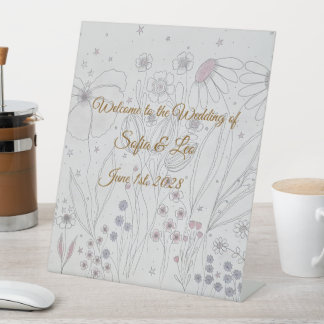 Elegant Dusty Pink Grey Hand Drawn Floral Wedding Pedestal Sign