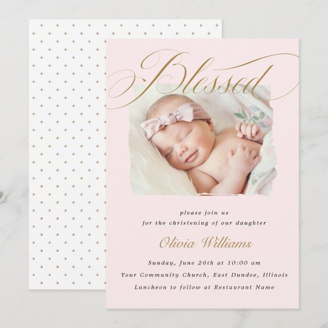 Elegant Dusty Pink Pastel Script Baptism Photo  Invitation (Front/Back)