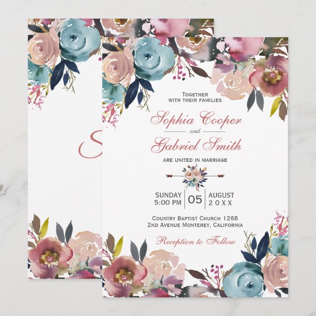 Elegant Dusty Pink Peach Blue Floral Wedding Invitation (Front/Back)