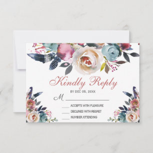 Elegant Dusty Pink Peach Blue Floral Wedding RSVP