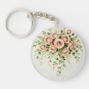 Elegant Dusty Pink Rose and Eucalyptus Floral Keychain