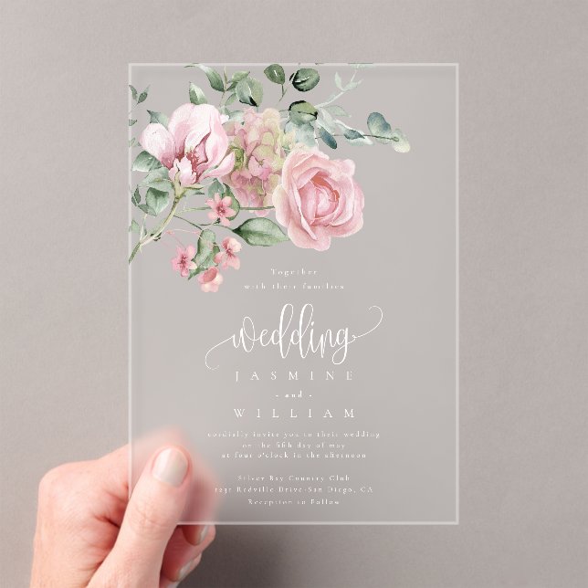 Elegant Dusty Pink Rose Floral Wedding  Acrylic Invitations (Insitu (Handheld))