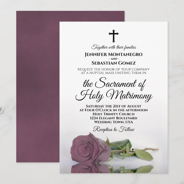 Elegant Dusty Pink Rose Modern Catholic Wedding Invitation (Front/Back)