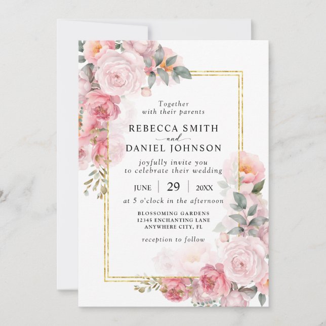 Elegant Dusty Pink Roses and Gold Modern Wedding Invitation (Front)
