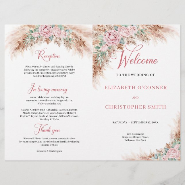 Elegant Dusty Pink Roses Pampas grass and greenery (Front)