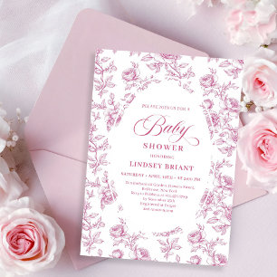 Elegant Dusty Pink Toile Roses Baby Shower Invite