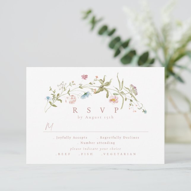 Elegant Dusty Pink Wildflower Rustic Boho Wedding RSVP Card (Standing Front)