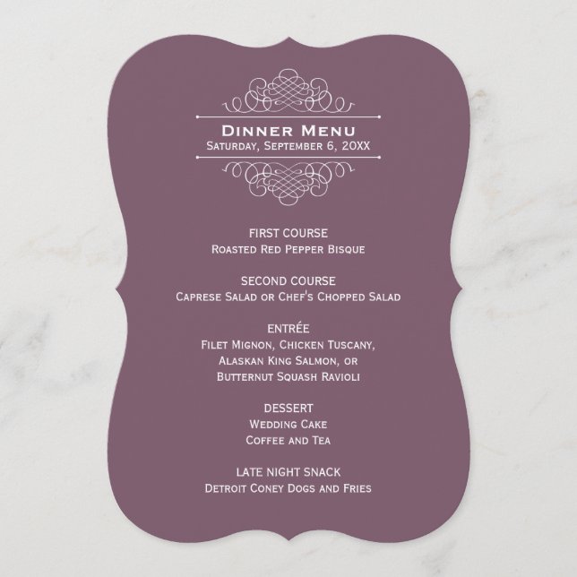Elegant Dusty Plum Wedding Monogram Dinner Menu (Front)