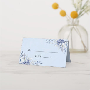 Elegant Dusty Powder Blue and Gold Floral Wedding Place Card