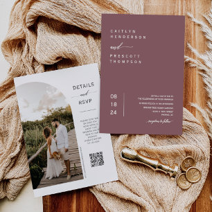 Elegant Dusty Purple Arch Photo QR Code Wedding In Invitation