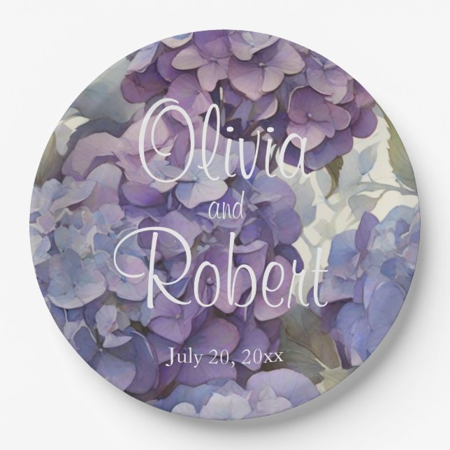 Elegant dusty purple blue watercolor hydrangeas  paper plate (Front)
