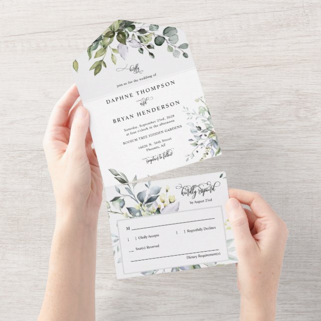 Elegant Dusty Purple Boho Greenery Wedding Photo All In One Invitation (Tearaway)