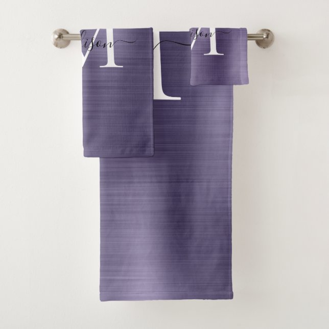 Elegant Dusty Purple Brushed Metal Monogram Script Bath Towel Set (Insitu)