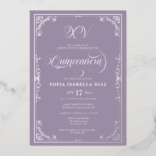 Elegant Dusty Purple Lavender Quinceañera Silver  (Front)