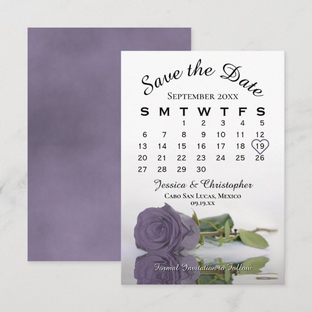 Elegant Dusty Purple Rose Wedding Calendar Save The Date (Front/Back)