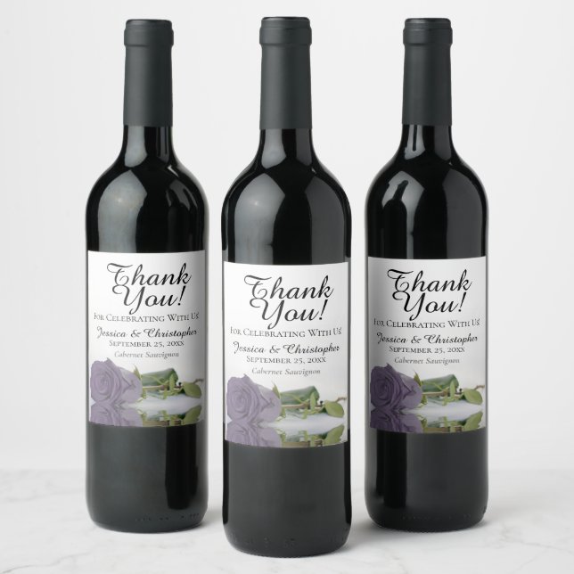 Elegant Dusty Purple Rose Wedding Thank You Wine Label (Bottles)