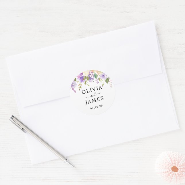 Elegant Dusty Purple Violet Floral Wedding Details Classic Round Sticker (Envelope)